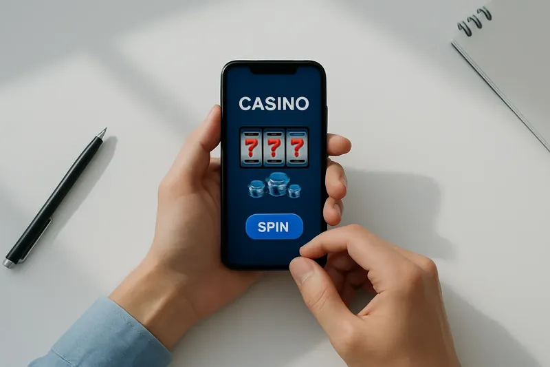 Aerial view of hands holding phone with casino app on white desk