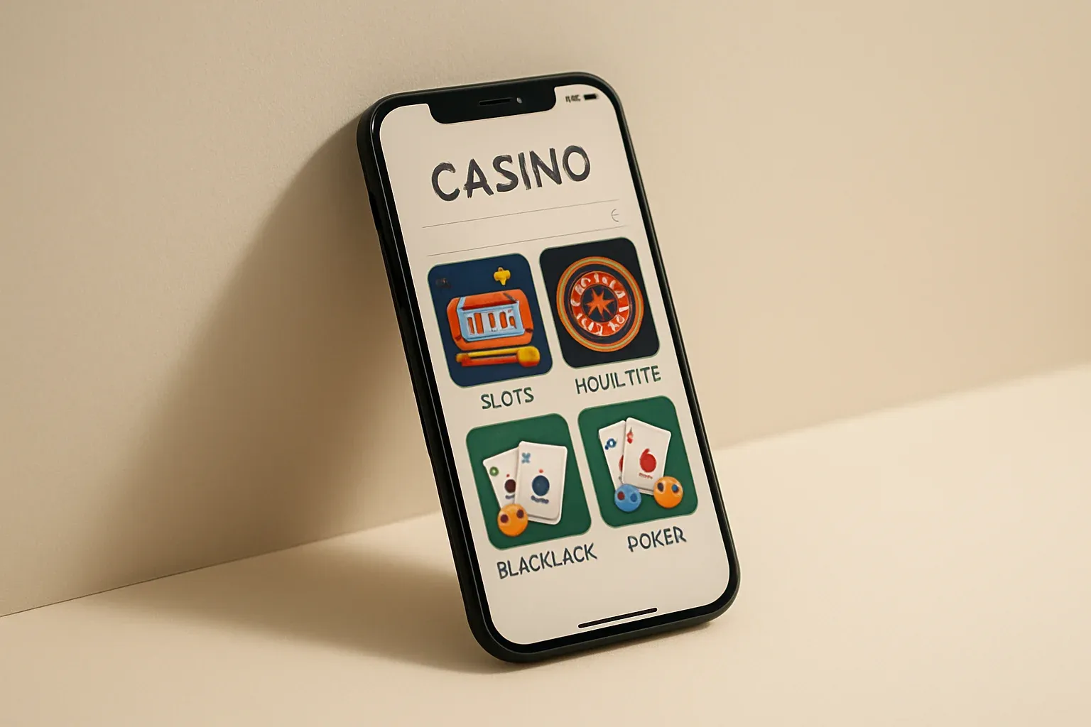 Smartphone displaying light casino app interface on cream background