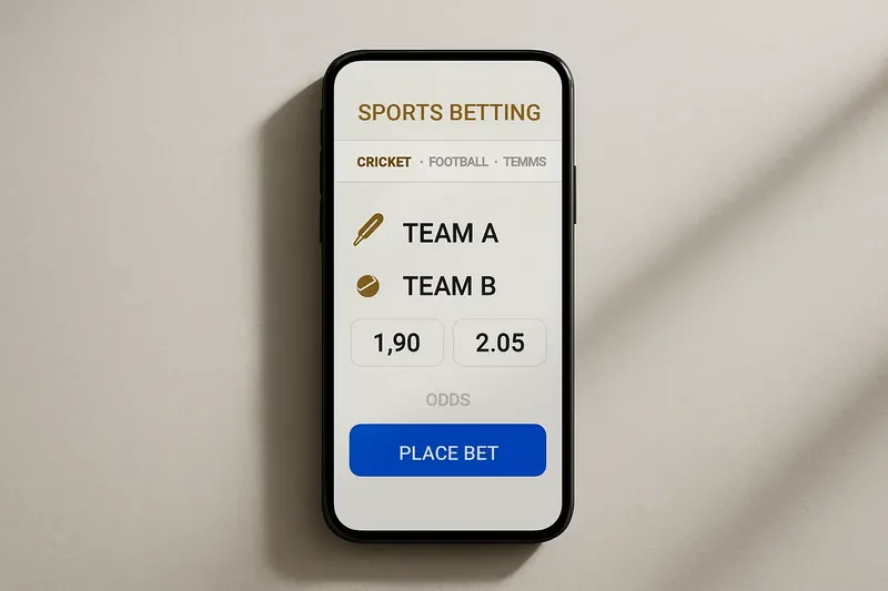 Phone screen showing modern cricket betting odds interface in white and gold