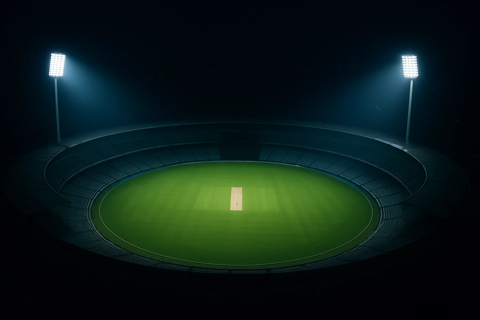 Aerial view of cricket stadium at night with bright floodlights