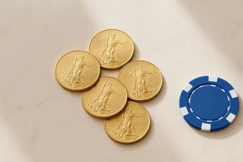 Five gold coins on cream marble with poker chip edge
