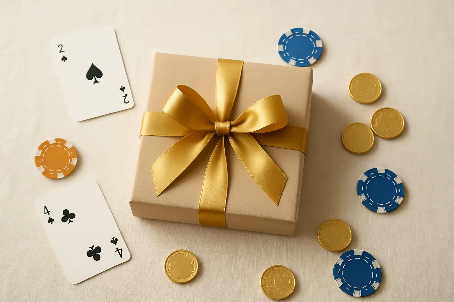 Premium gift box with casino chips, cards, and gold coins
