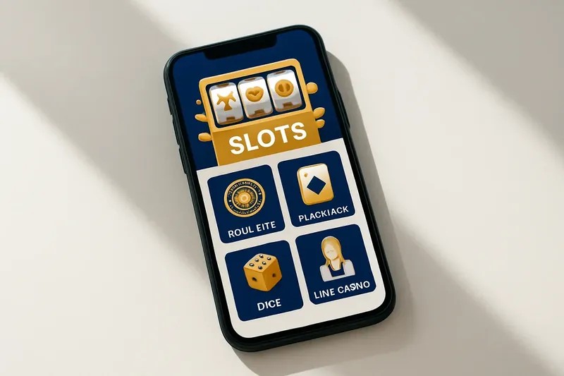 Mobile phone showing casino app with slots and live games