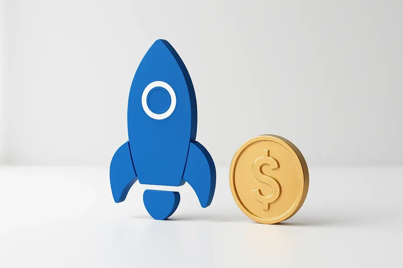 Minimalist rocket icon with gold coin on white background