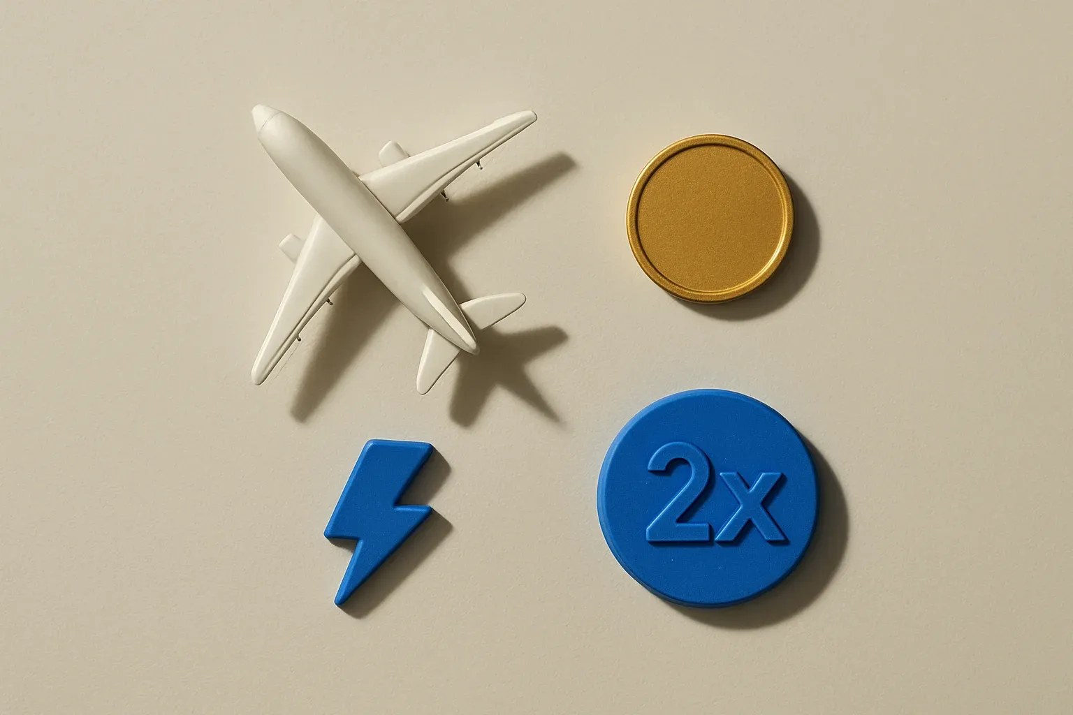 Overhead flat lay with airplane figurine, gold coin, lightning token, multiplier badge