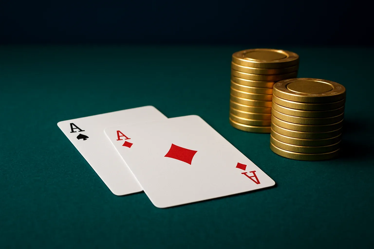 Green felt casino table with card hands and stacked gold chips