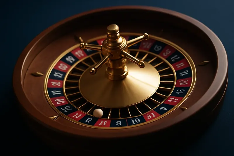 Close-up overhead of roulette wheel center with gold accents