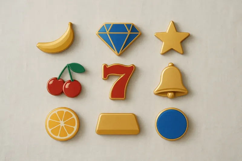 Assorted casino slot icons with fruit, diamonds, lucky sevens, and stars