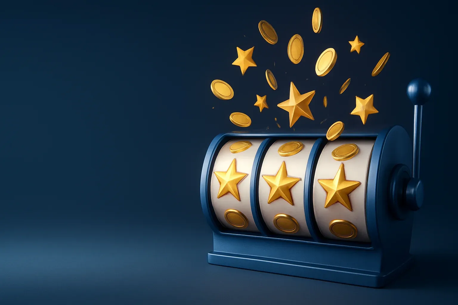 Colorful slot machine reels with gold symbols, coins, and exploding stars